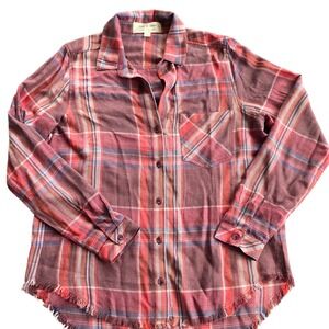 Cloth & Stone Plaid Frayed Hem Button Down‎ Shirt Womens Small Red Blue Casual